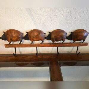 Hand Made Wrought  Iron And Wood Pig Wall Rack